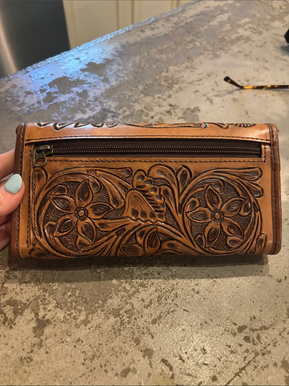 American Darling Hand-Tooled Brown Leather Wallet - Classic Floral Design-